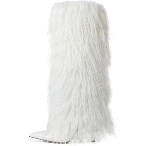 Womens White Fur Knee High Boots with Heels Wide Calf Tall Fold Over Party Boots